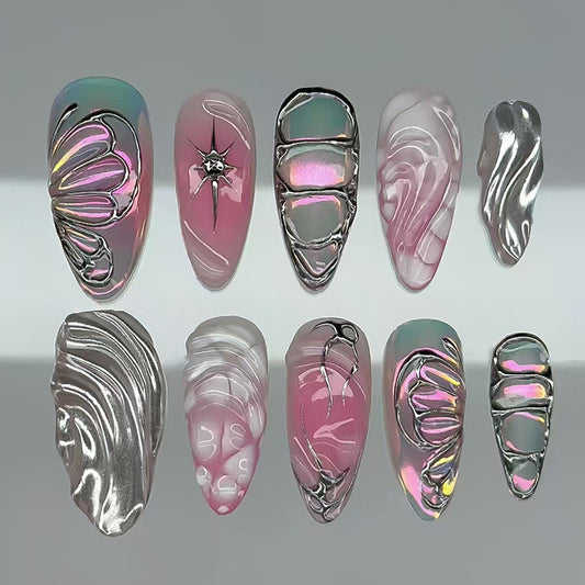 Whimsical Blossom Long Almond Pink Iridescent Sculpted Nail Set