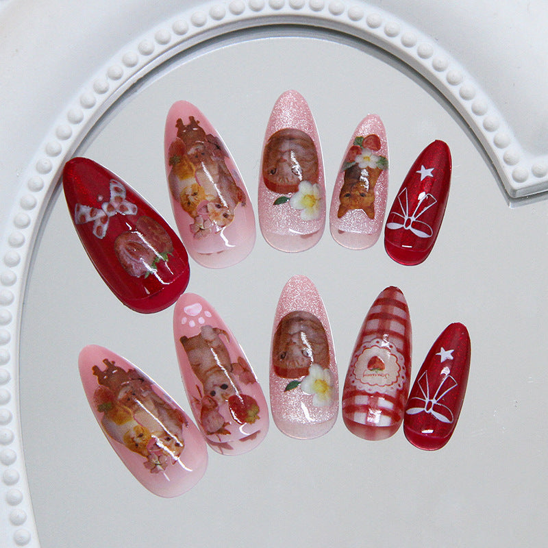 Cozy Holiday Vibes Long Almond Shape Pink and Red with Charming Animal Illustrations Press On Nail Set