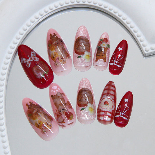 Cozy Holiday Vibes Long Almond Shape Pink and Red with Charming Animal Illustrations Press On Nail Set