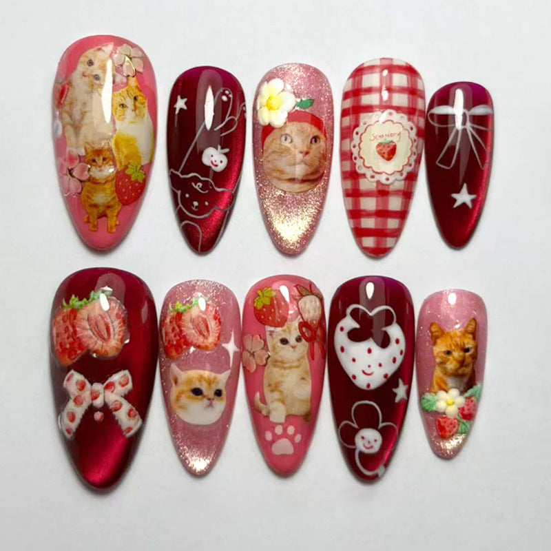 Whimsical Whiskers Long Almond Pink Red Cat Theme Press-On Nail Set with Adorable Strawberry Accents