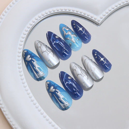 Celestial Dreamscape Long Almond Blue Ombre with Metallic Cloud Designs Press-On Nail Set