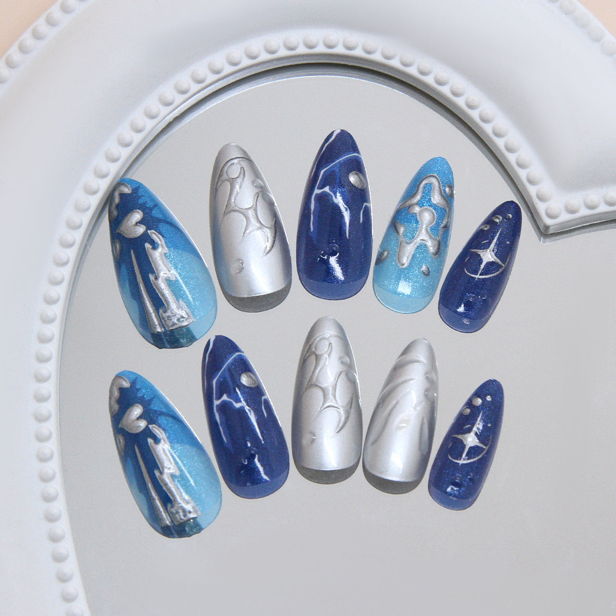 Celestial Dream Press On Nail Set Long Almond Shape Blue and Silver with Metallic Detailing
