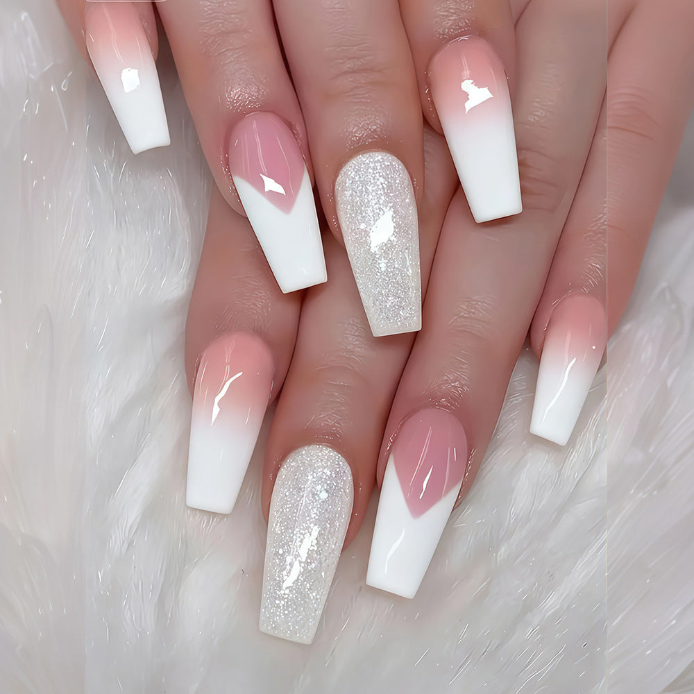 Glistening Winter Wonderland Long Coffin White and Pink Ombré Press-On Nail Set with Sparkling Glitter Accent