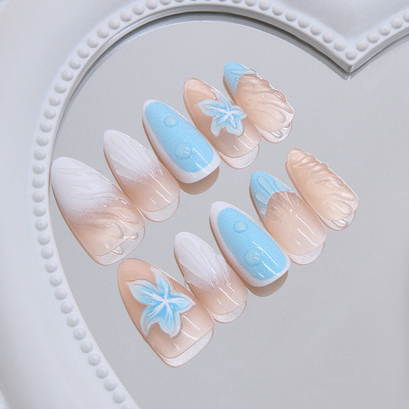 Ocean Breeze Medium Almond Beige and Blue Floral Press on Nail Set