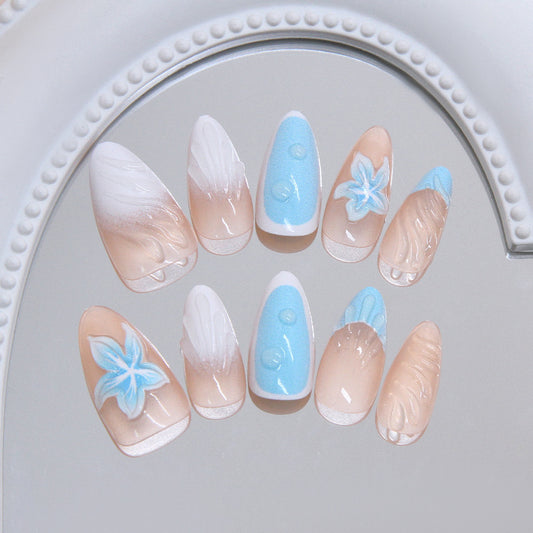 Tropical Paradise Medium Almond Blue and Beige Ombre with Floral Accent Nail Set