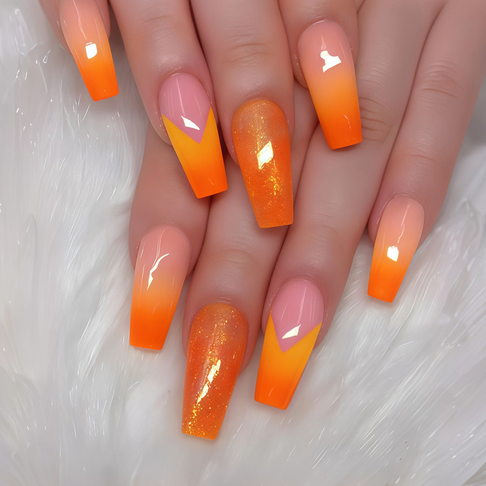 Tropical Sunset Long Coffin Orange Ombre Glitter Press On Nail Set