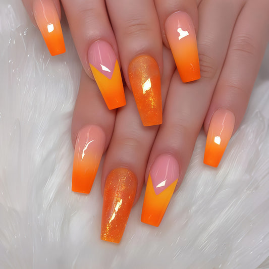 Tropical Sunset Long Coffin Orange Ombre Glitter Press On Nail Set