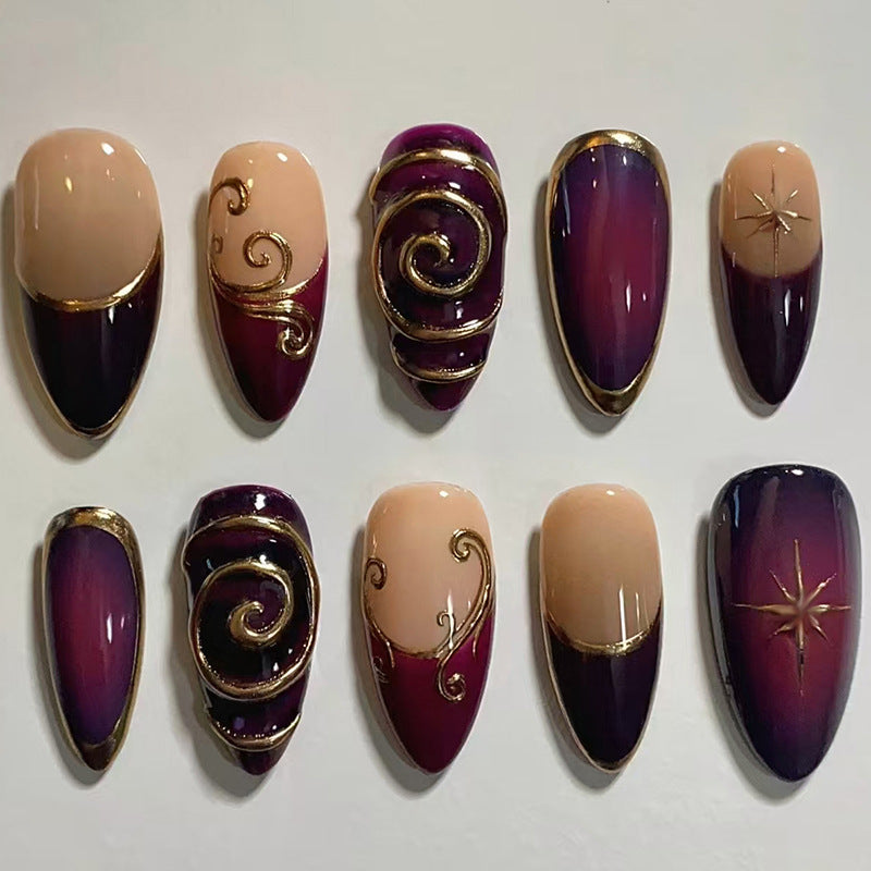 Glamorous Twilight Medium Almond Purple Ombre Press On Nail Set with Intricate Golden Swirls