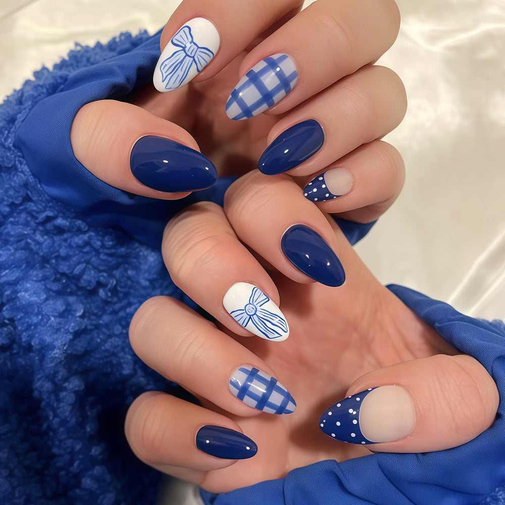 Nautical Charm Press on Nail Set Medium Almond Deep Blue with Delightful Bow and Gingham Accents