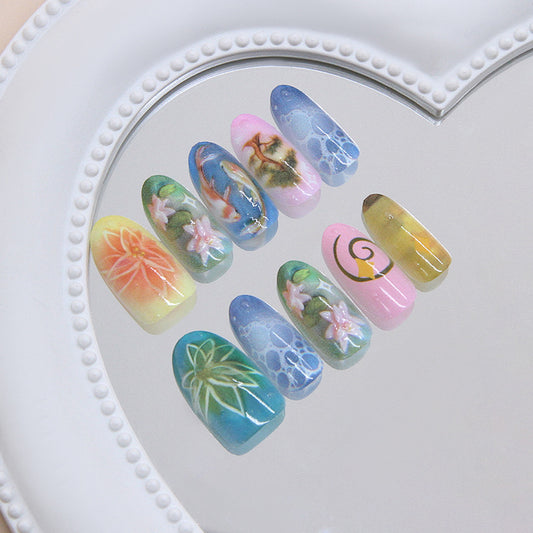 Whimsical Garden Long Oval Multi-Colored Floral Art Press On Nail Set
