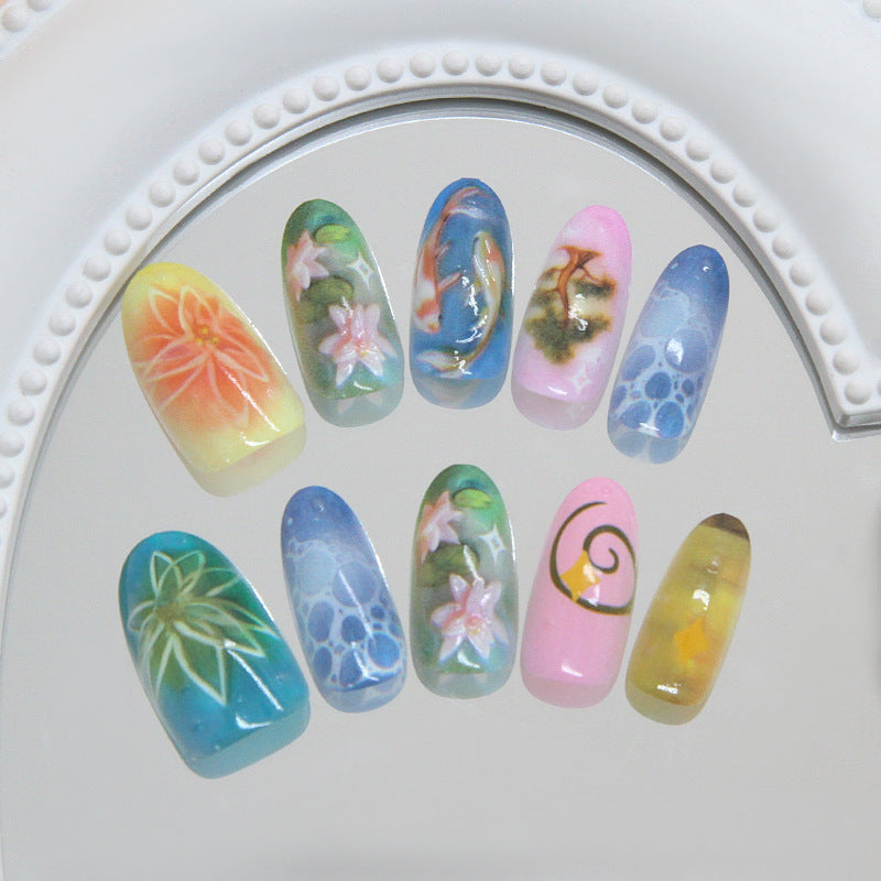 Whimsical Floral Fantasy Long Oval Shaped Gradient Colorful Artistry Press On Nail Set