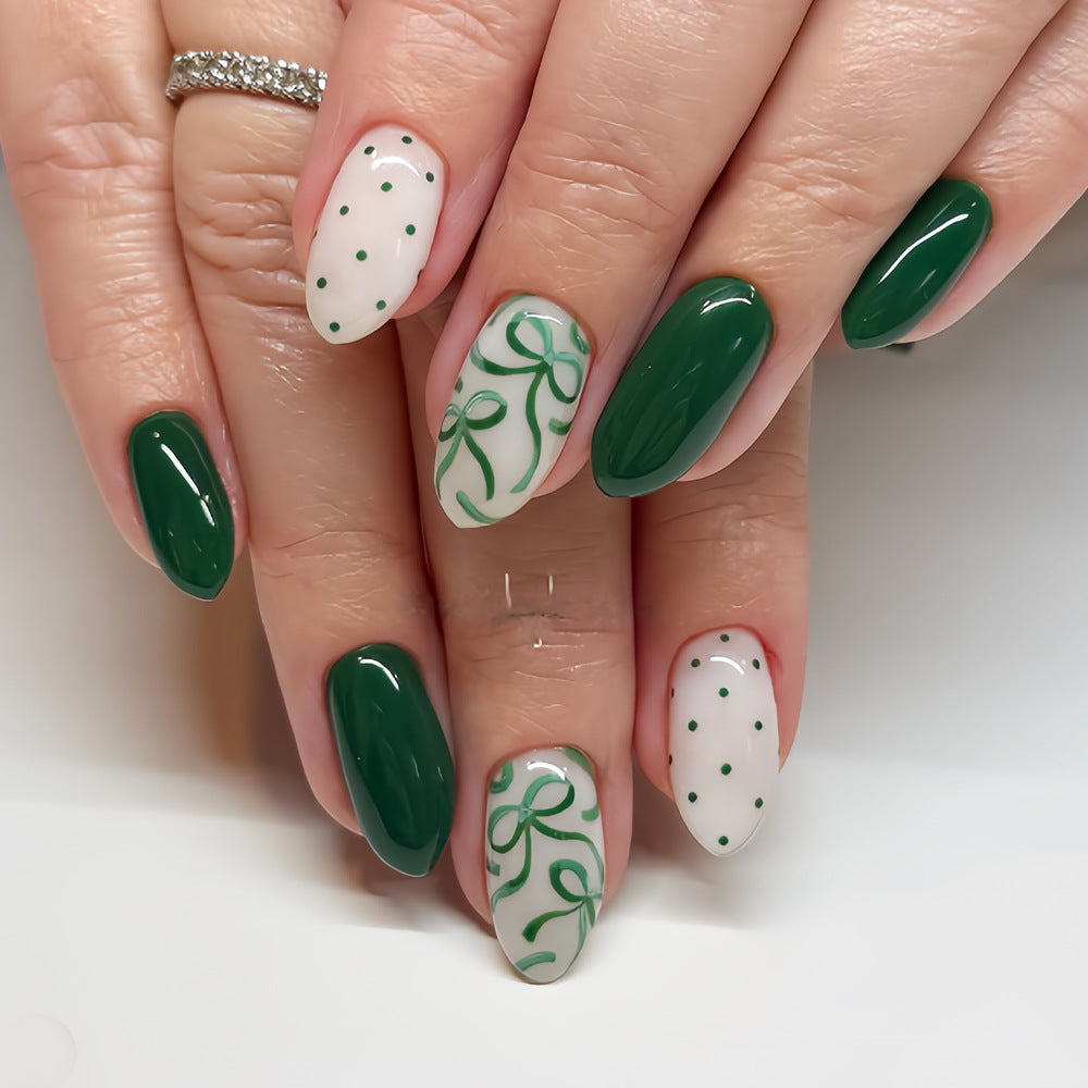 Enchanted Garden Short Almond Green and White Press On Nail Set with Elegant Ribbons and Dots