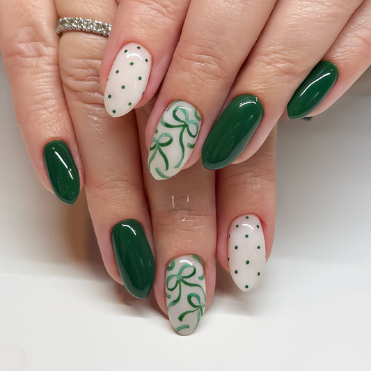 Enchanted Garden Short Almond Green and White Press On Nail Set with Elegant Ribbons and Dots