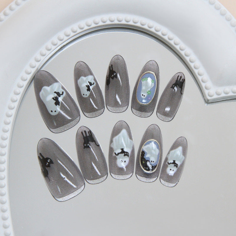 Spooky Vibes Long Almond Grey Nail Set Featuring Whimsical Ghost and Cat Designs
