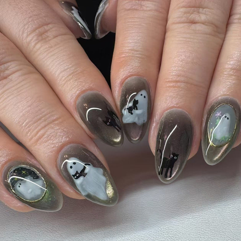Spooky Enchantment Long Almond Gray with Ghost and Cat Design Press-On Nail Set
