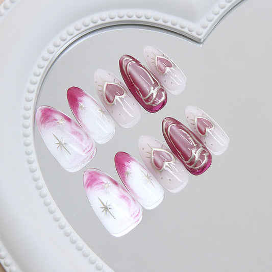 Romantic Evening Long Almond Pink Ombre with Heart and Star Details Nail Set
