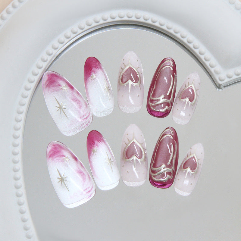 Romantic Elegance Long Almond Pink and White Ombre with Heart and Star Accents Press on Nail Set