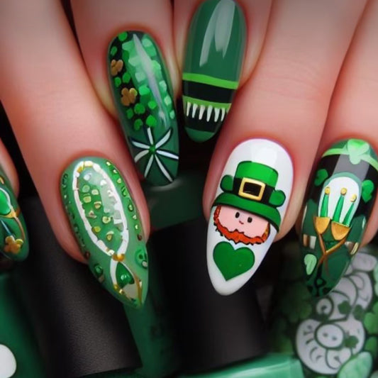Festive Emerald Green Medium Almond Press On Nail Set with Whimsical Leprechaun Design