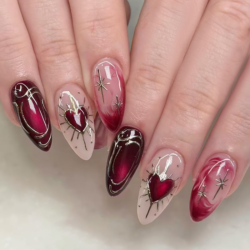 Romantic Elegance Long Almond Red and Beige with Heart and Star Accents Press On Nail Set
