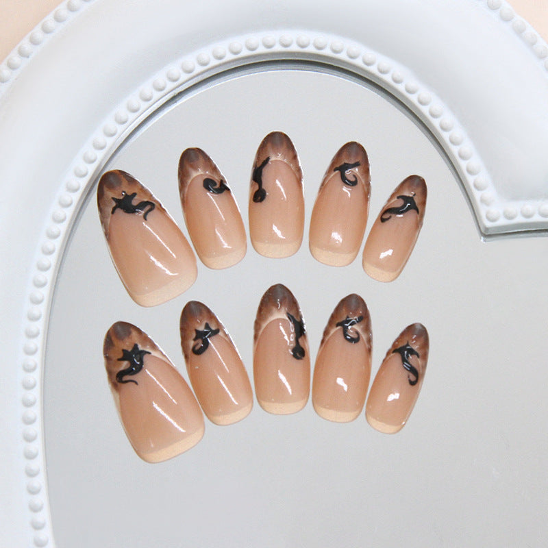 Mystical Elegance Long Almond Beige with Brown Tips and Whimsical Cat Designs Nail Set