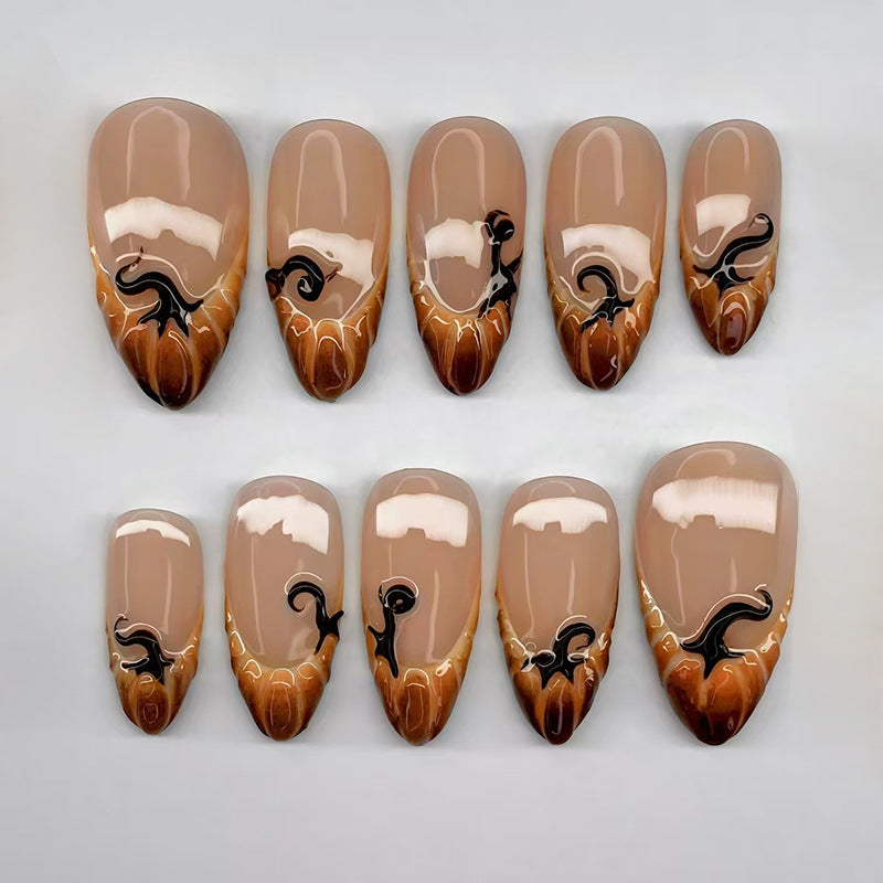 Enchanted Autumn Ombre Long Almond Shaped Brown with Elegant Black Swirl Design Press On Nail Set