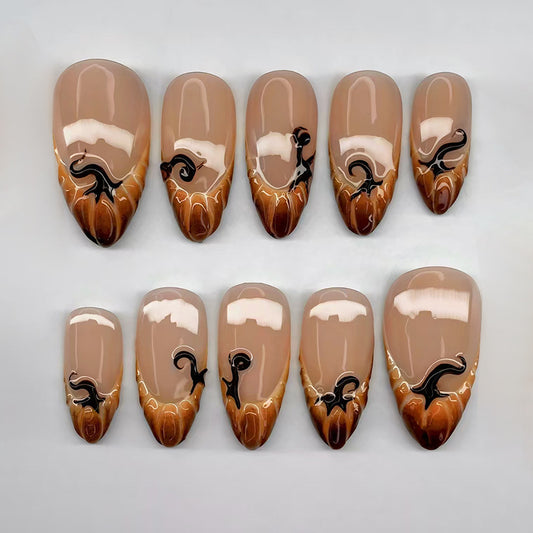 Enchanted Autumn Ombre Long Almond Shaped Brown with Elegant Black Swirl Design Press On Nail Set