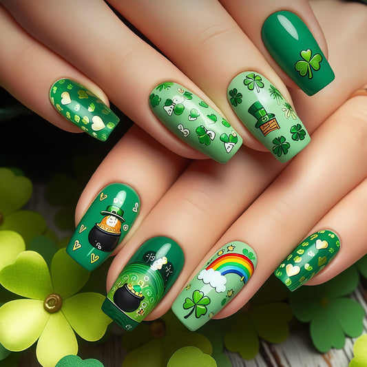 Lucky Charm Enchantment Medium Square Green with Shamrock and Rainbow Designs Press On Nail Set