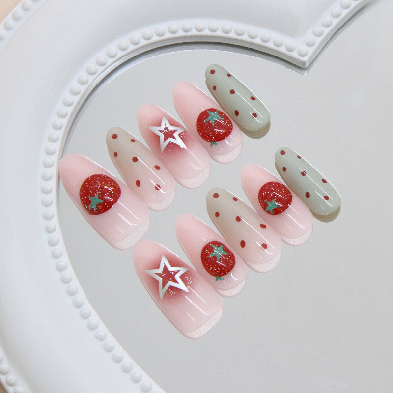 Whimsical Garden Dream Long Almond Pink and Green Press On Nail Set with Glittering Star Accents