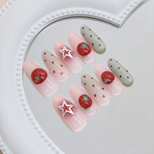 Whimsical Garden Dream Long Almond Pink and Green Press On Nail Set with Glittering Star Accents
