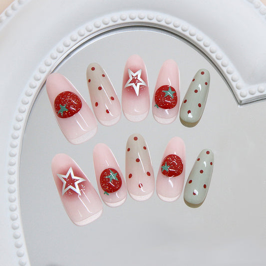 Charming Strawberry Dream Long Almond Pink and Green Glittering Starry Press On Nail Set
