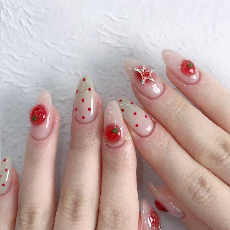 Festive Delight Long Almond Pink with Strawberry and Dot Designs Press-On Nail Set