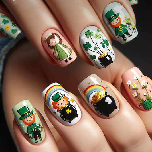 Lucky Charm Festive Medium Square Green Rainbow Themed Press On Nail Set