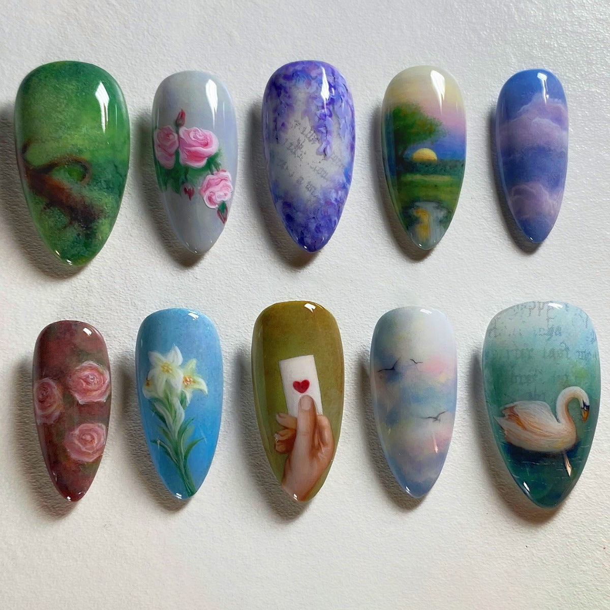 Enchanted Garden Long Almond Multicolored with Artistic Floral and Scenic Designs Press-On Nail Set