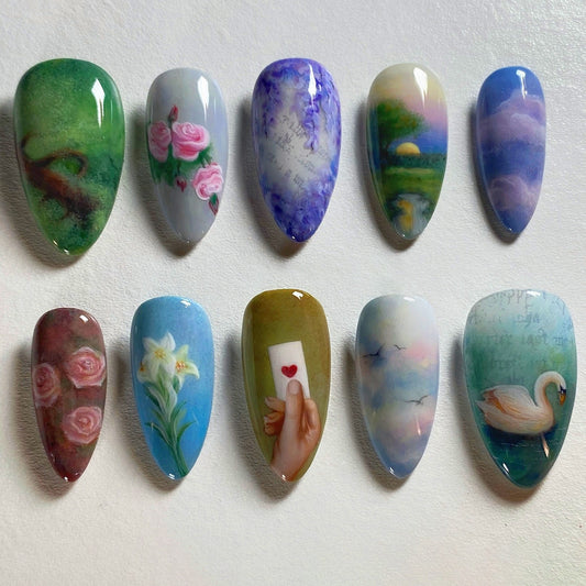 Enchanted Garden Long Almond Multicolored with Artistic Floral and Scenic Designs Press-On Nail Set