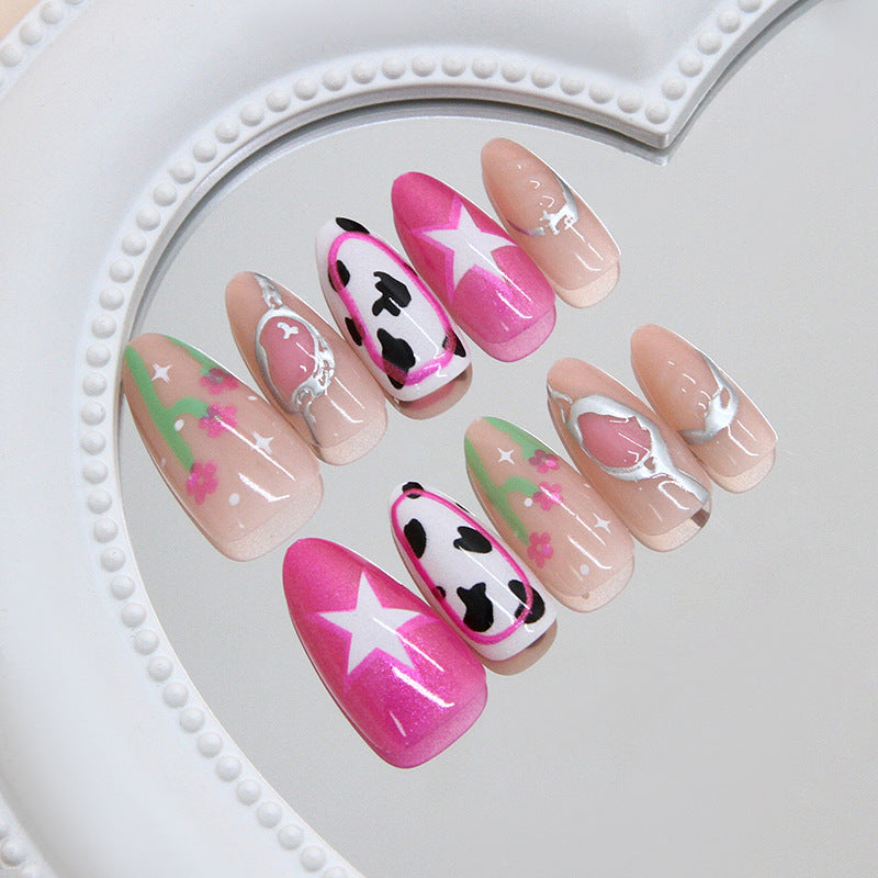 Whimsical Bliss Long Almond Pink and Beige Nails with Cow Print and Floral Accents