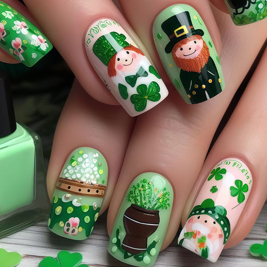 Lucky Charm Green Medium Square Nail Set with Playful Leprechaun Artwork