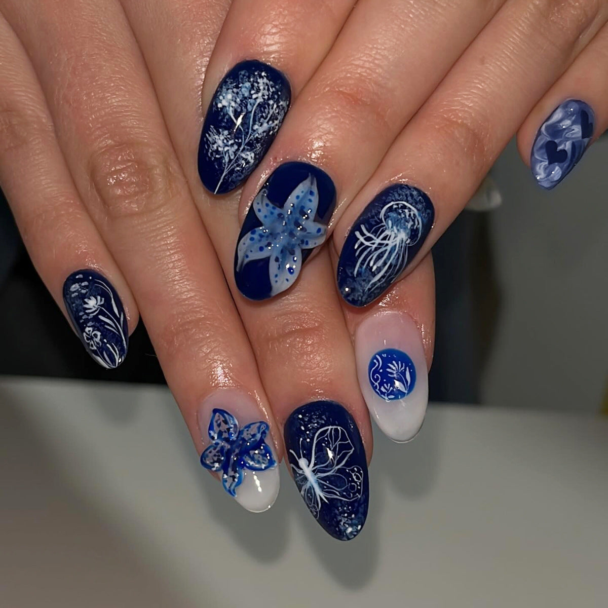 Oceanic Elegance Long Almond Blue Press-On Nail Set with Enchanting Floral and Jellyfish Designs