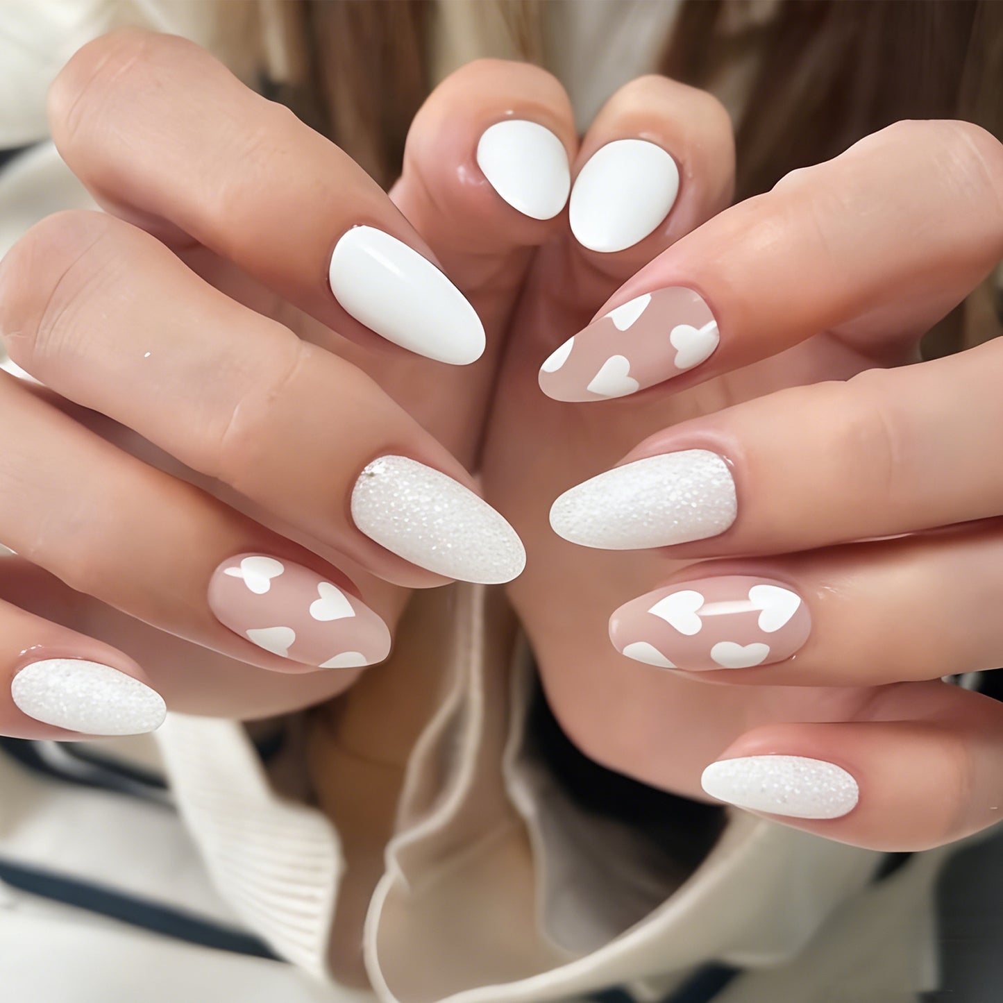 Romantic Charm Medium Almond White and Pink Heart Design with Textured Glitter Press On Nail Set