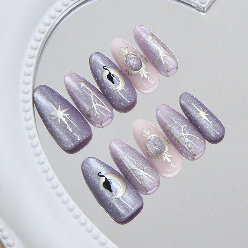 Celestial Elegance Long Almond Lavender Glitter Press On Nail Set with Moon and Star Design
