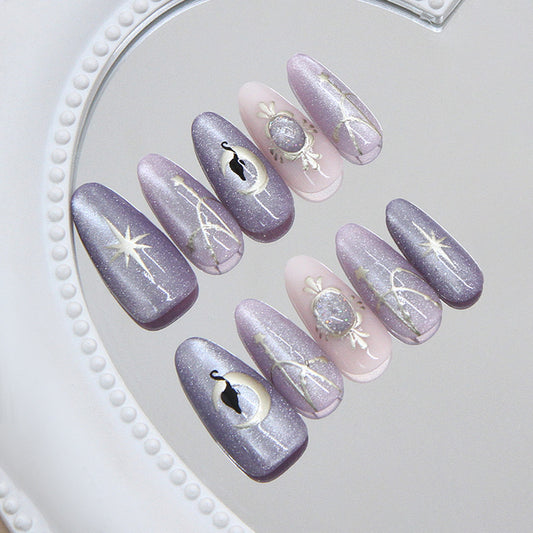 Celestial Elegance Long Almond Lavender Glitter Press On Nail Set with Moon and Star Design