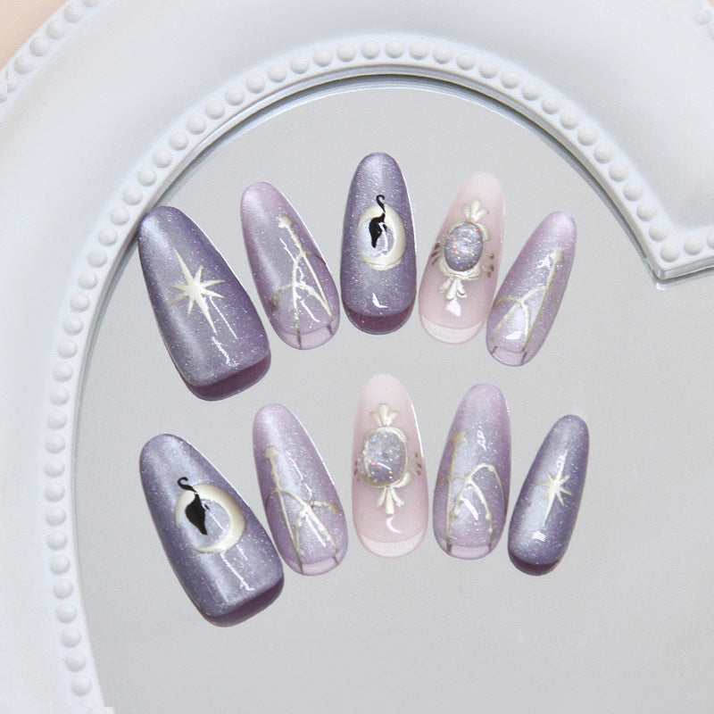 Celestial Dreamscape Long Almond Purple and Pink Press-On Nail Set with Glittering Accents and Unique Designs
