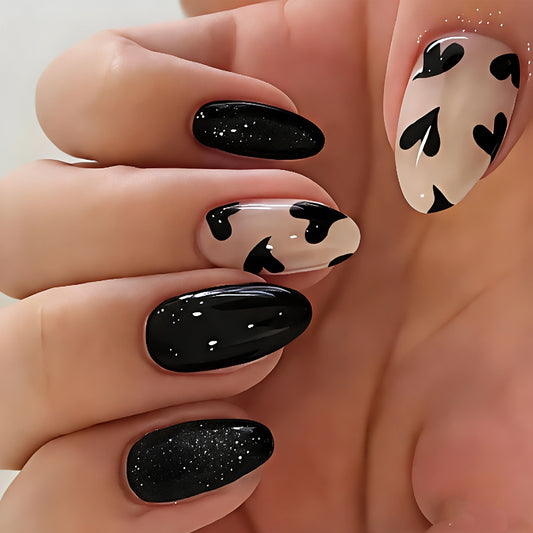Charming Heartfelt Elegance Medium Oval Shaped Black and Beige Press on Nail Set with Unique Heart Patterns