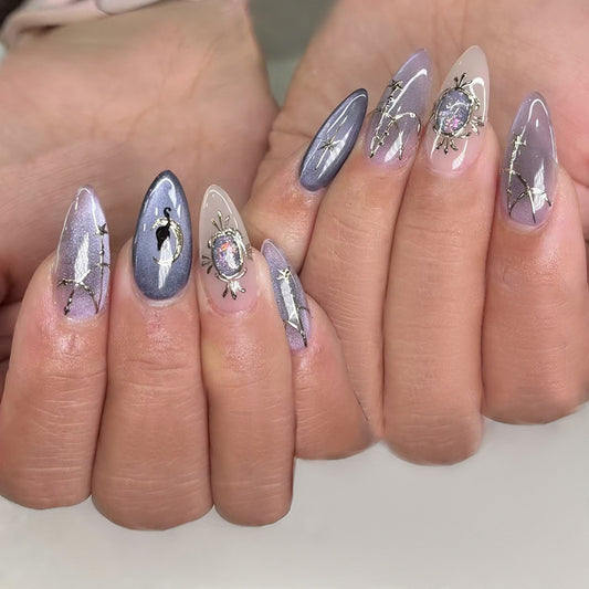 Mystical Galaxy Inspired Long Almond Purple and Clear Press On Nail Set with Dazzling Gemstone Accents