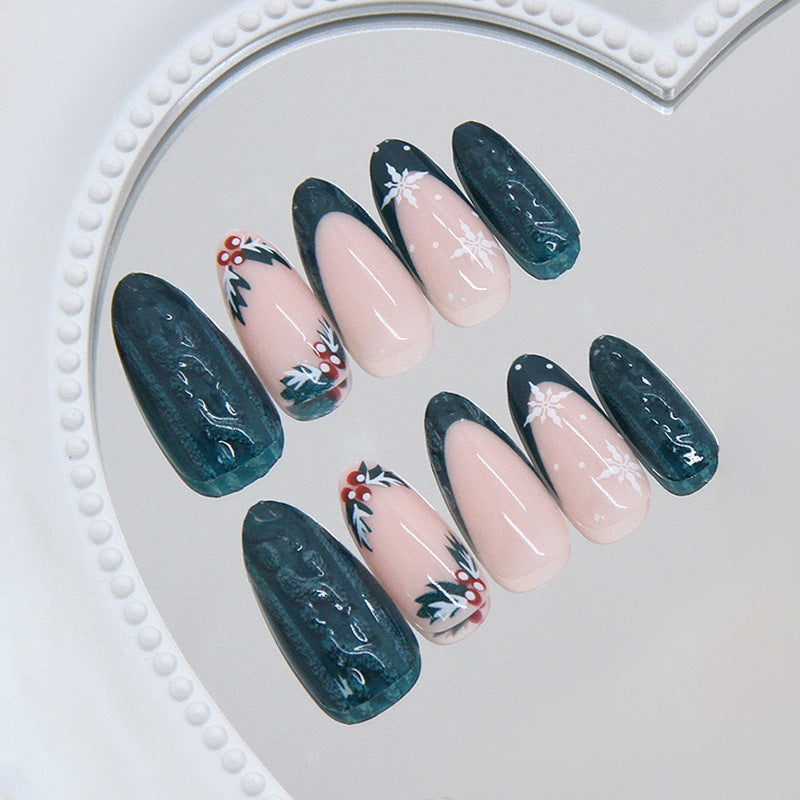 Winter Wonderland Long Almond Shaped Long Teal and Beige Press On Nail Set with Festive Floral Design