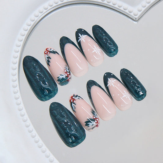 Winter Wonderland Long Almond Shaped Long Teal and Beige Press On Nail Set with Festive Floral Design