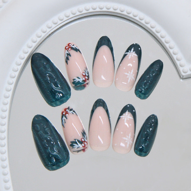 Winter Wonderland Glamour Long Almond Green and Pink Press On Nail Set with Festive Holiday Design