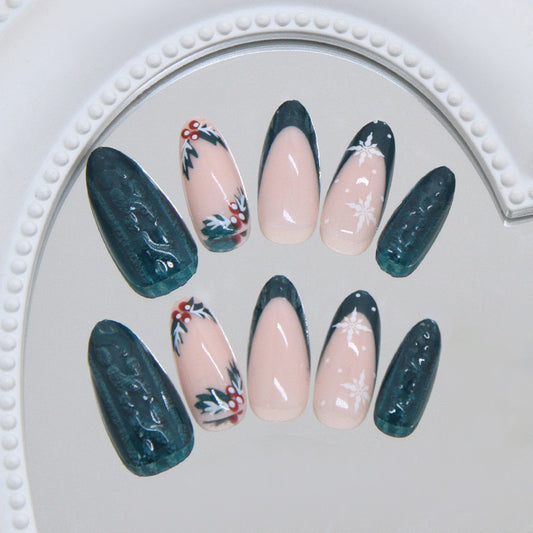 Winter Wonderland Glamour Long Almond Green and Pink Press On Nail Set with Festive Holiday Design