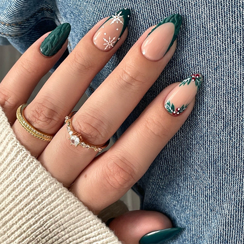 Winter Wonderland Long Almond Press On Nail Set Long Almond Deep Green with Festive Snowflake and Holly Detail