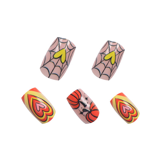 Spooky Heart Halloween Press On Nail Set Long Coffin Pink and Orange With Colorful Spider Web and Heart Designs