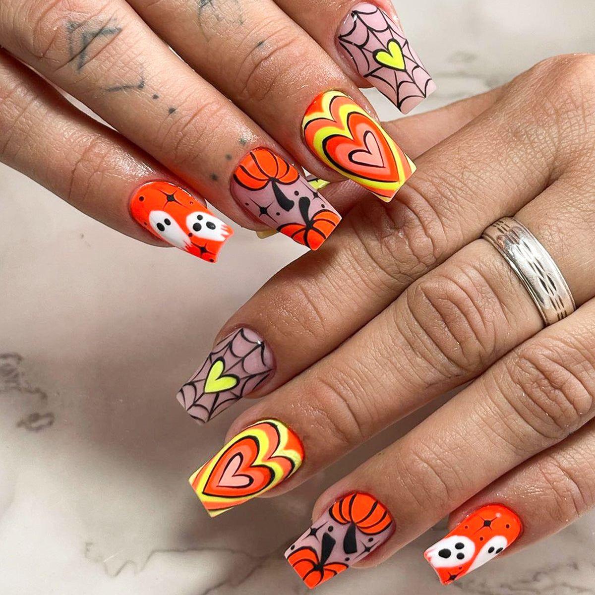 Spooky Love Long Coffin Orange Pink Heart and Spider Web Press On Nail Set